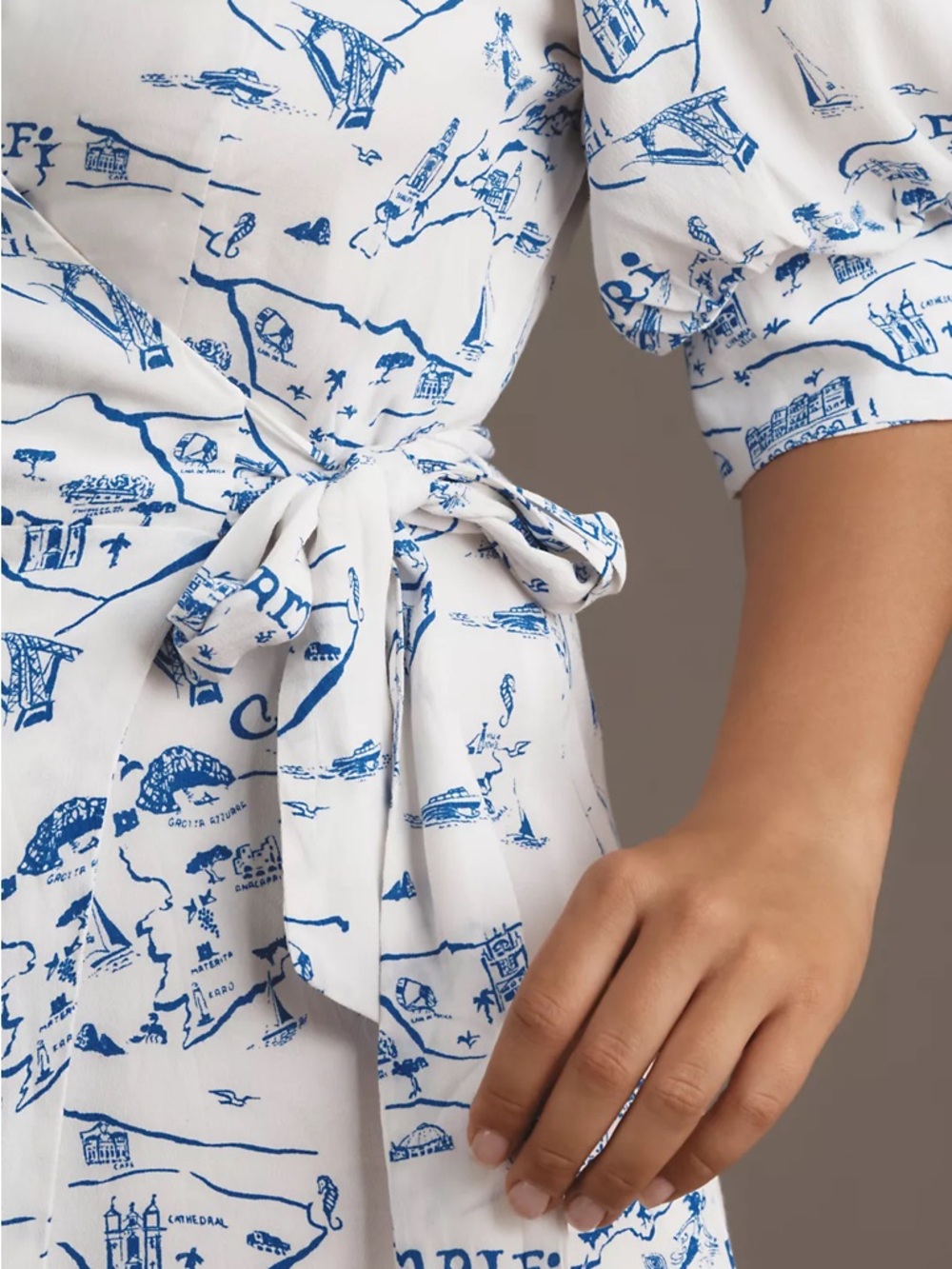 Anthropologie White Mini Wrap Dress with Blue Scenic Motif - Picture 4 of 9